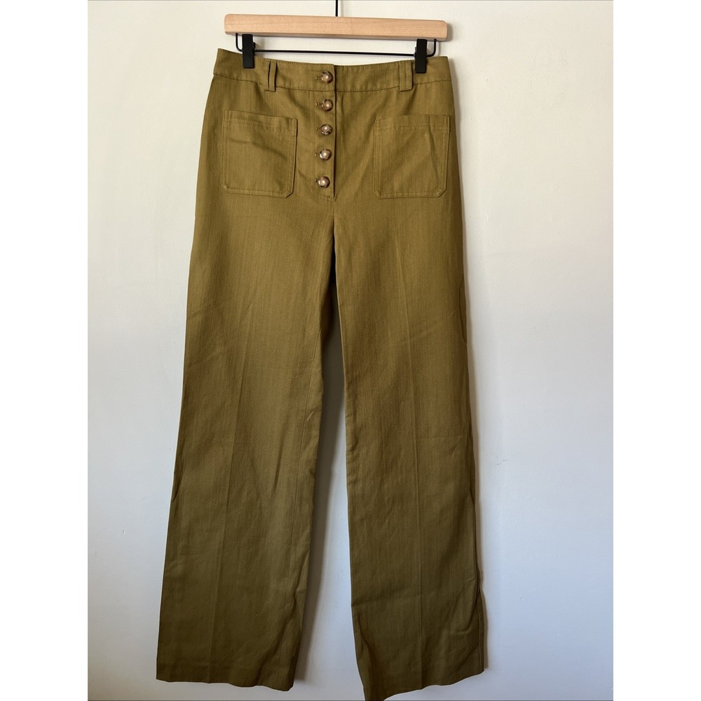 Sezane Button Front Chuck Trouser Pants Size 38 Cotton Linen Olive Green